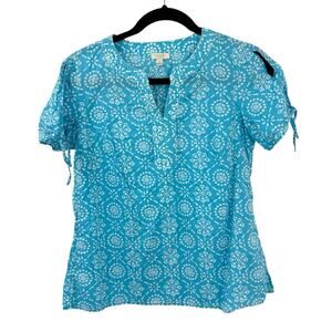 Talbots XS Cotton tunic top light blue Boho Print short Sleeve Split Neck